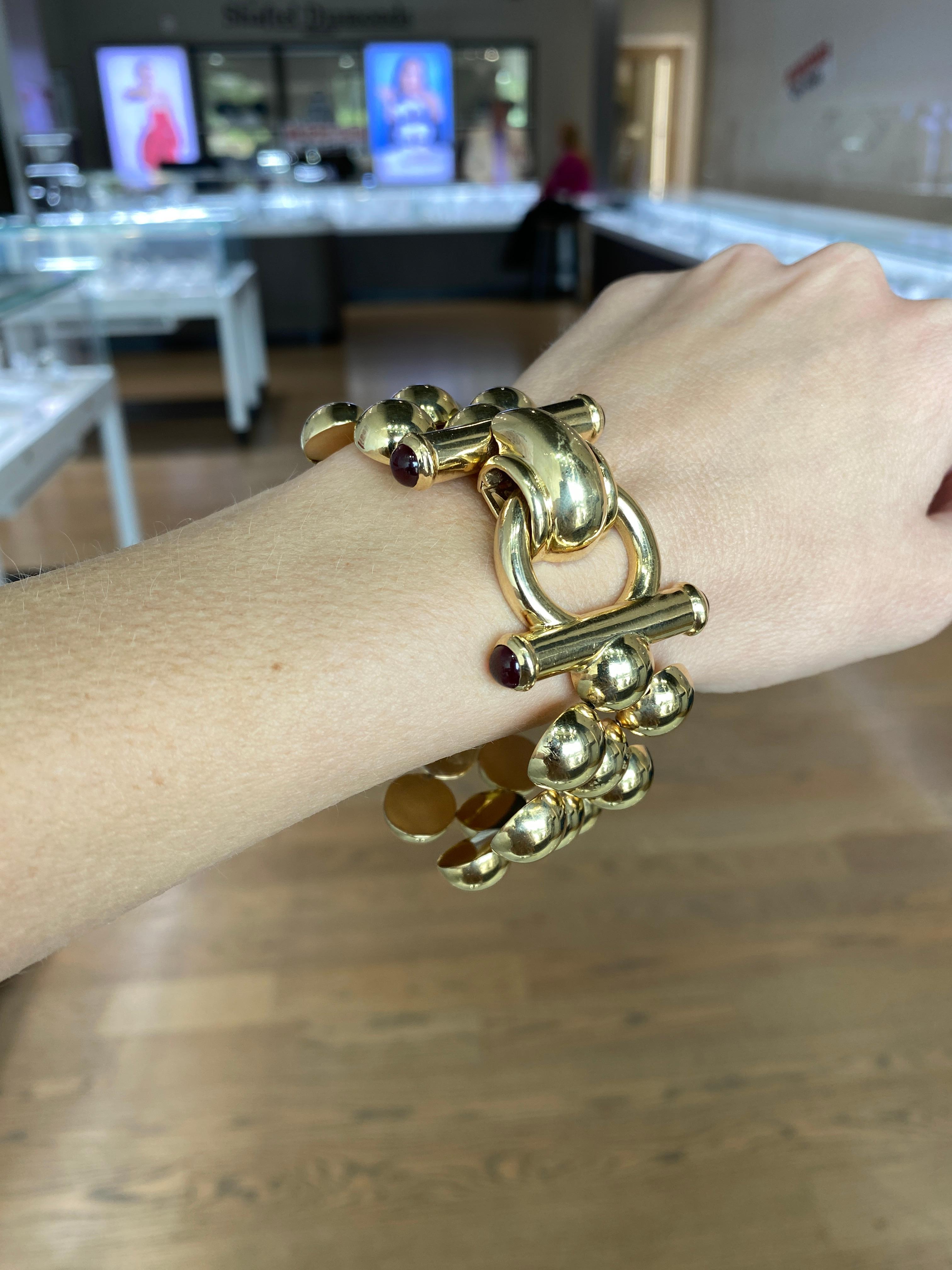 Women's or Men's 14 Karat Yellow Gold Italian Made Beaded Cuff Bracelet For Sale