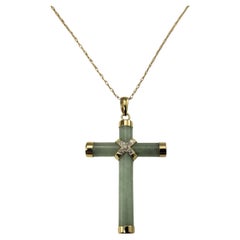 14 Karat Yellow Gold Jade and Diamond Cross Pendant Necklace