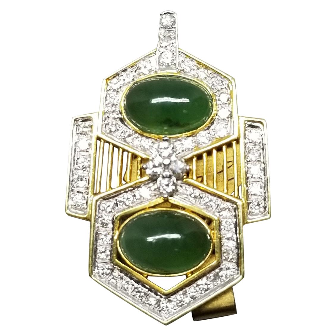 14 Karat Yellow Gold Jade and Diamond Pendant For Sale