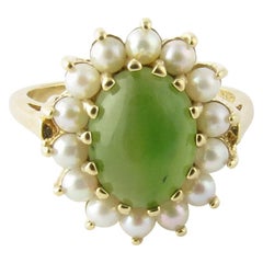 14 Karat Yellow Gold Jade and Pearl Ring