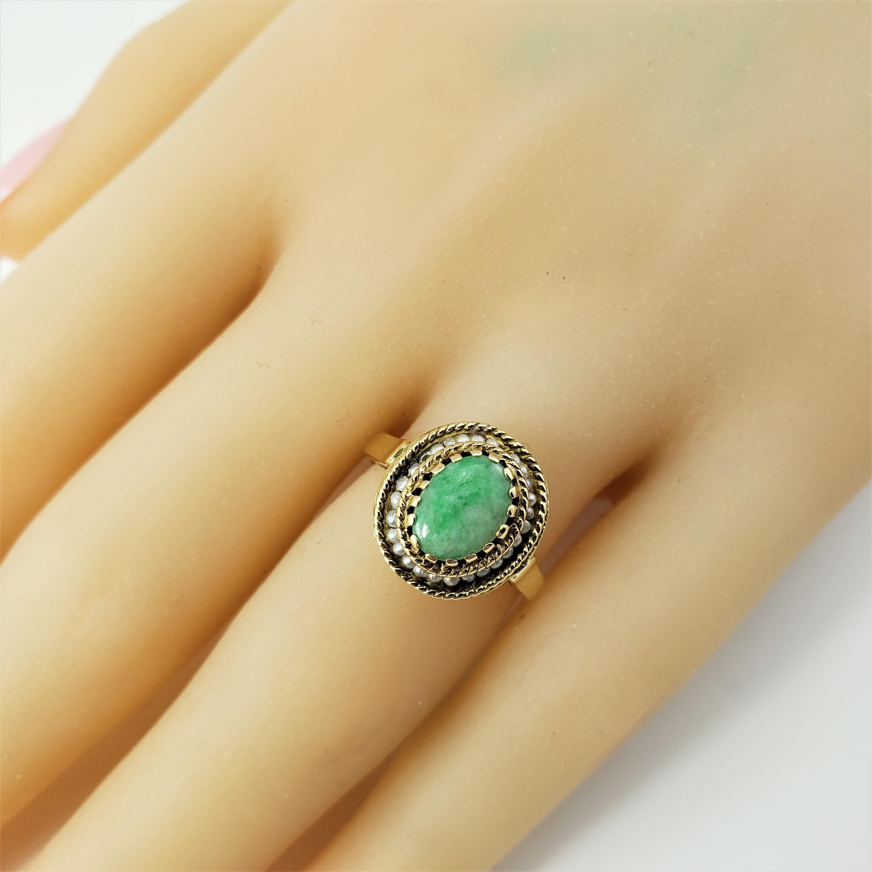 14 Karat Yellow Gold Jade and Seed Pearl Ring 1