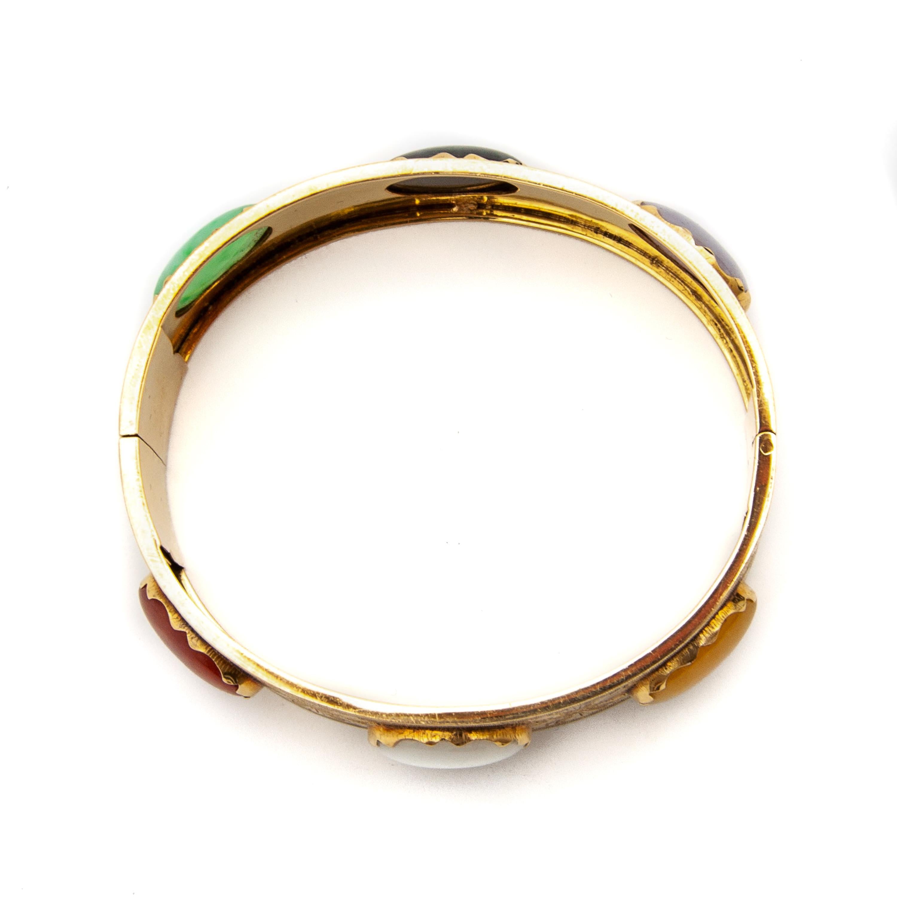 Vintage Multi Colored Jade 14K Gold Bangle Bracelet, A-Jade Certified For Sale 2