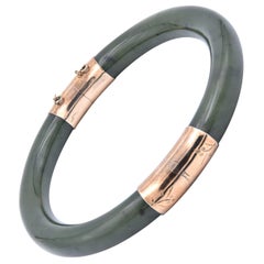 14 Karat Yellow Gold Jade Bangle Bracelet