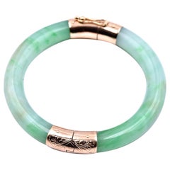 14 Karat Yellow Gold Jade Bangle Bracelet