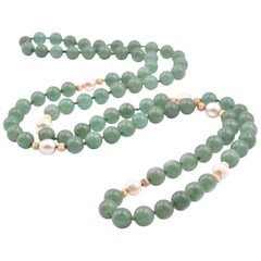 14 Karat Yellow Gold Jade Bead with Cultured Pearl Stations Necklace