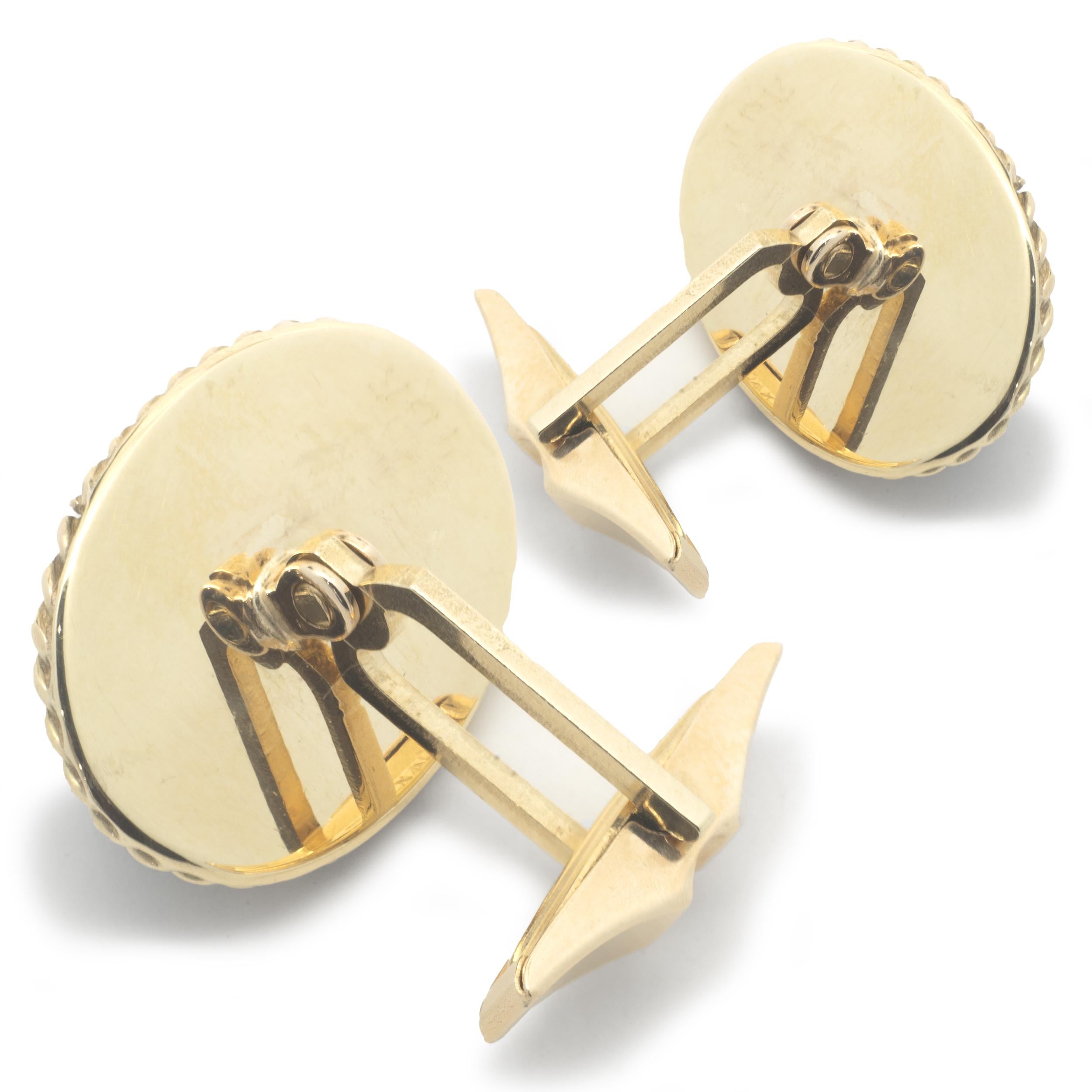 Material: 14k yellow gold
Dimensions: cufflinks measure 17 X22mm 
Weight: 14.39 grams

