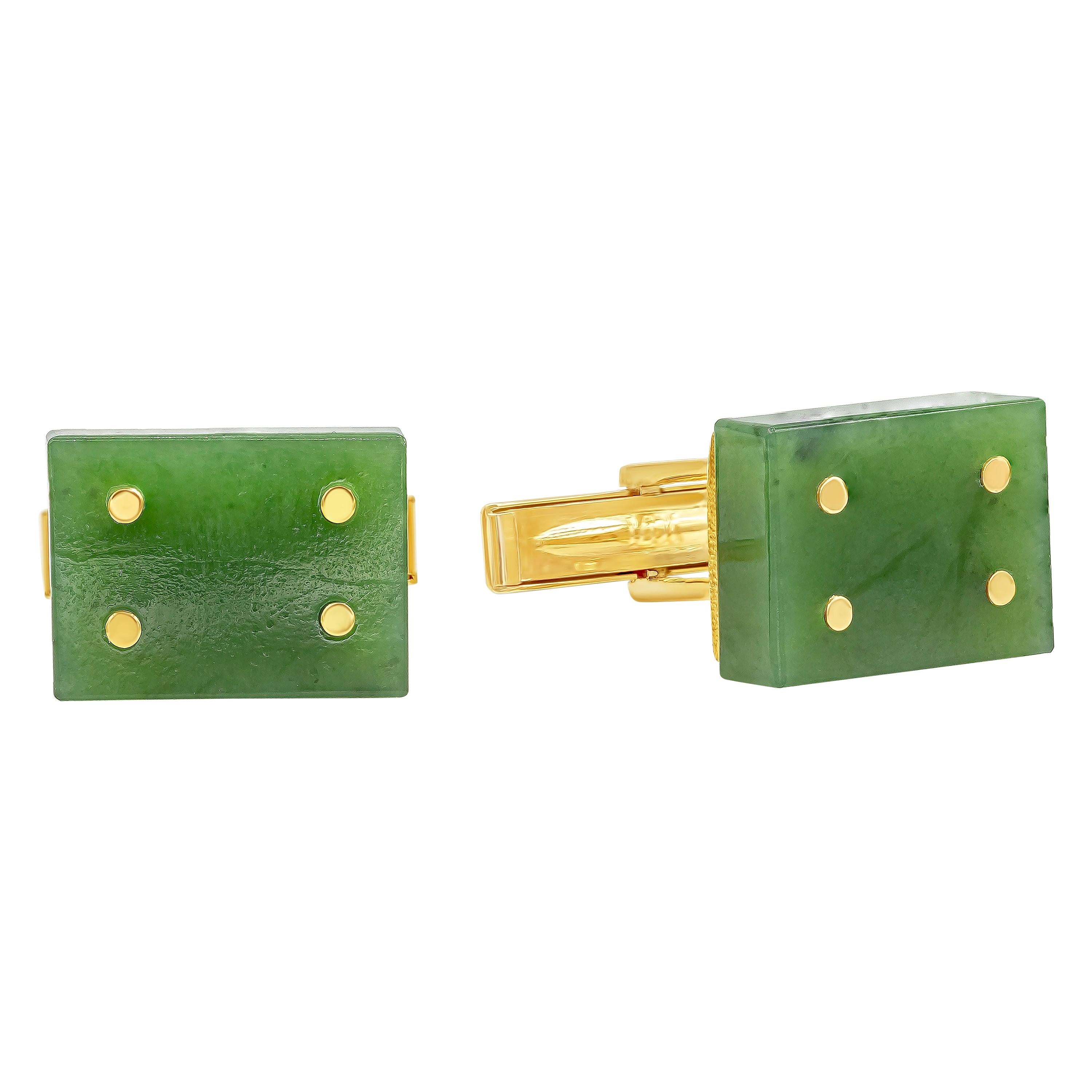 Roman Malakov 14 Karat Yellow Gold Jade Domino Cufflinks For Sale