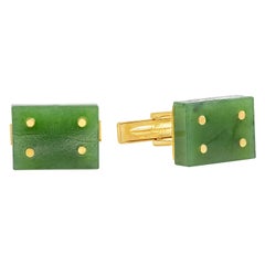 Vintage Roman Malakov 14 Karat Yellow Gold Jade Domino Cufflinks