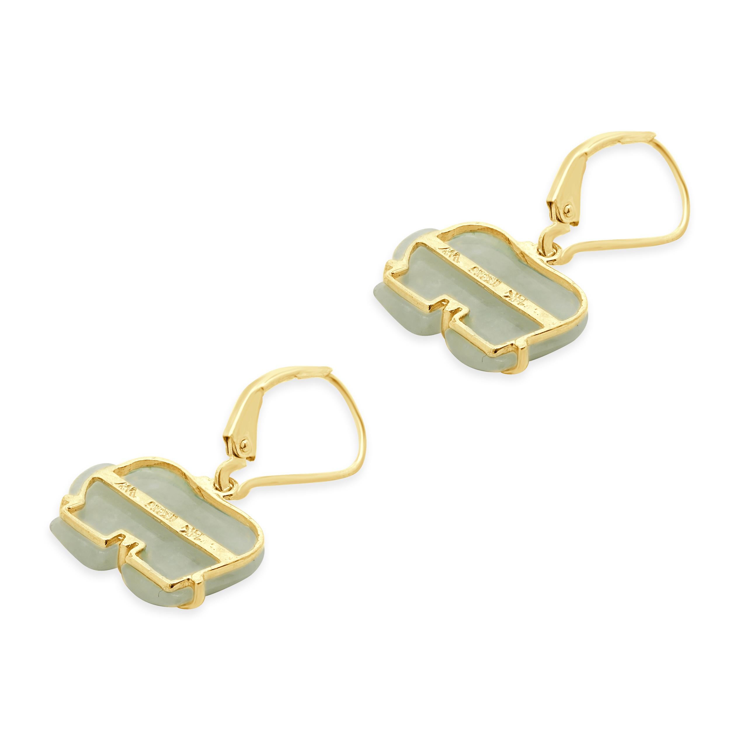 14 Karat Yellow Gold Jade Elephant Earrings In condizioni ottime in vendita a Scottsdale, AZ
