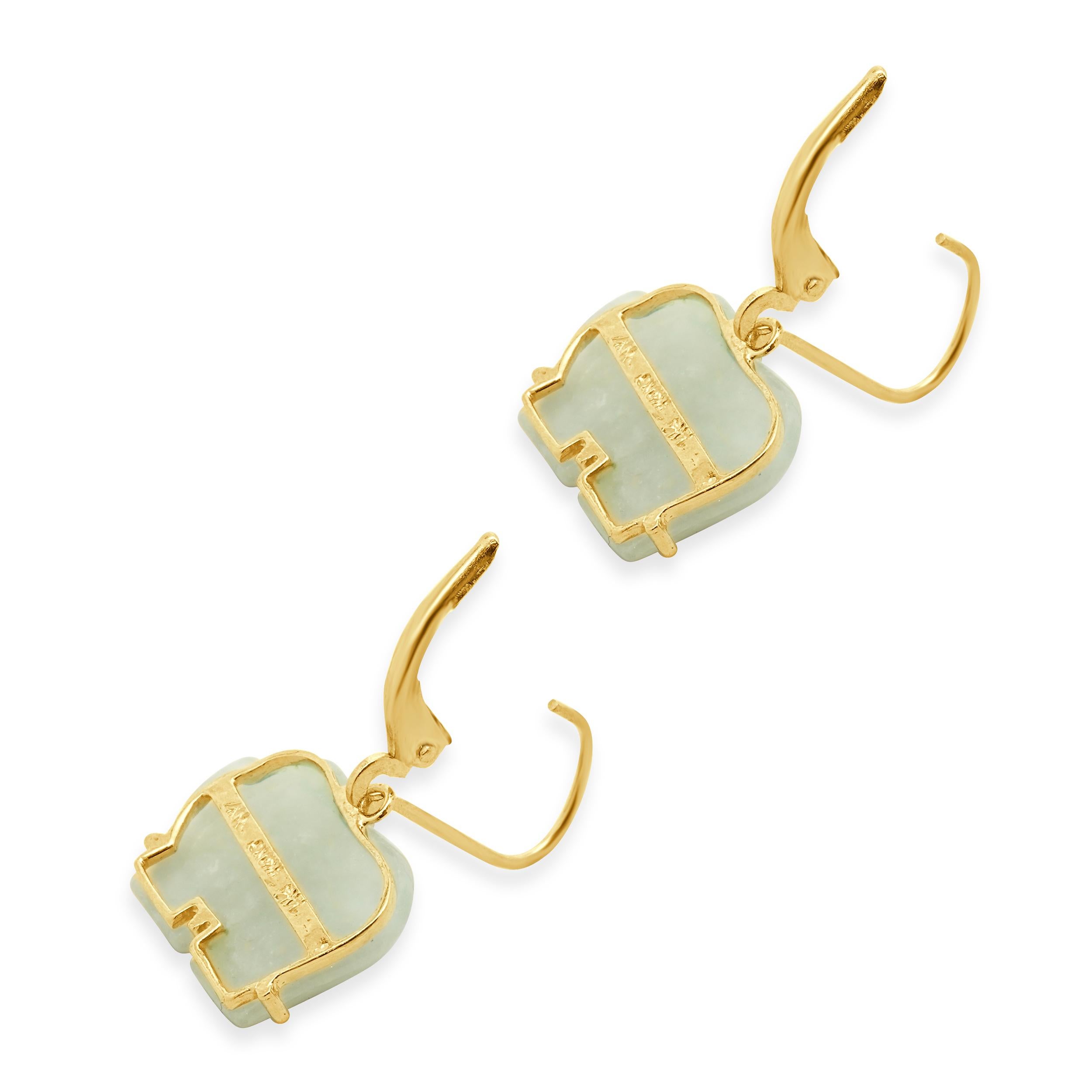 da uomo o donna 14 Karat Yellow Gold Jade Elephant Earrings in vendita