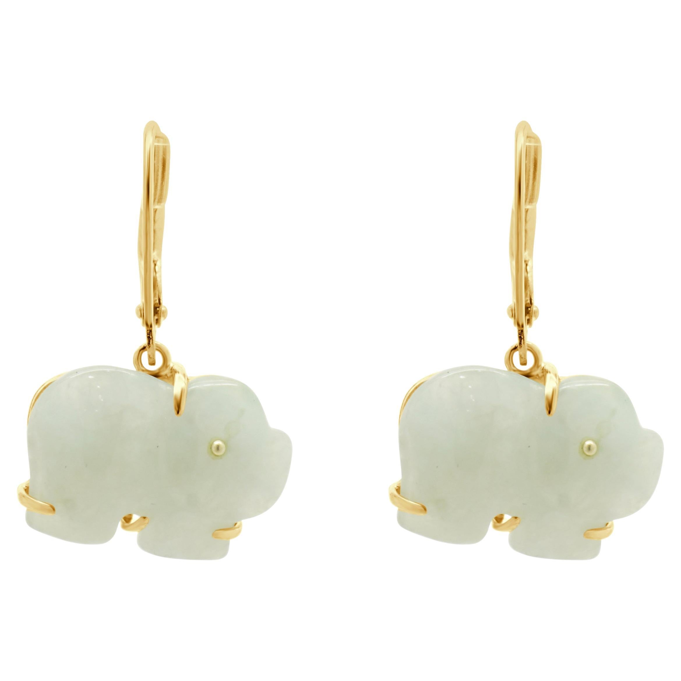 14 Karat Yellow Gold Jade Elephant Earrings