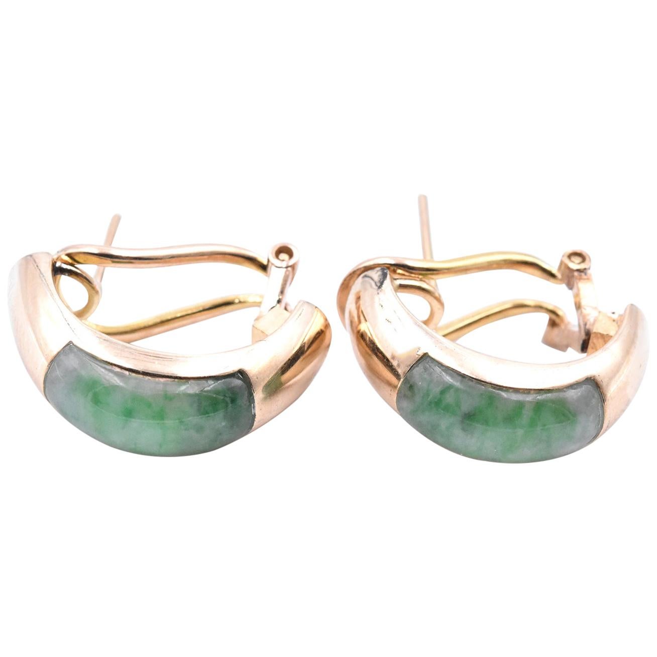 14 Karat Yellow Gold Jade Huggie Earrings