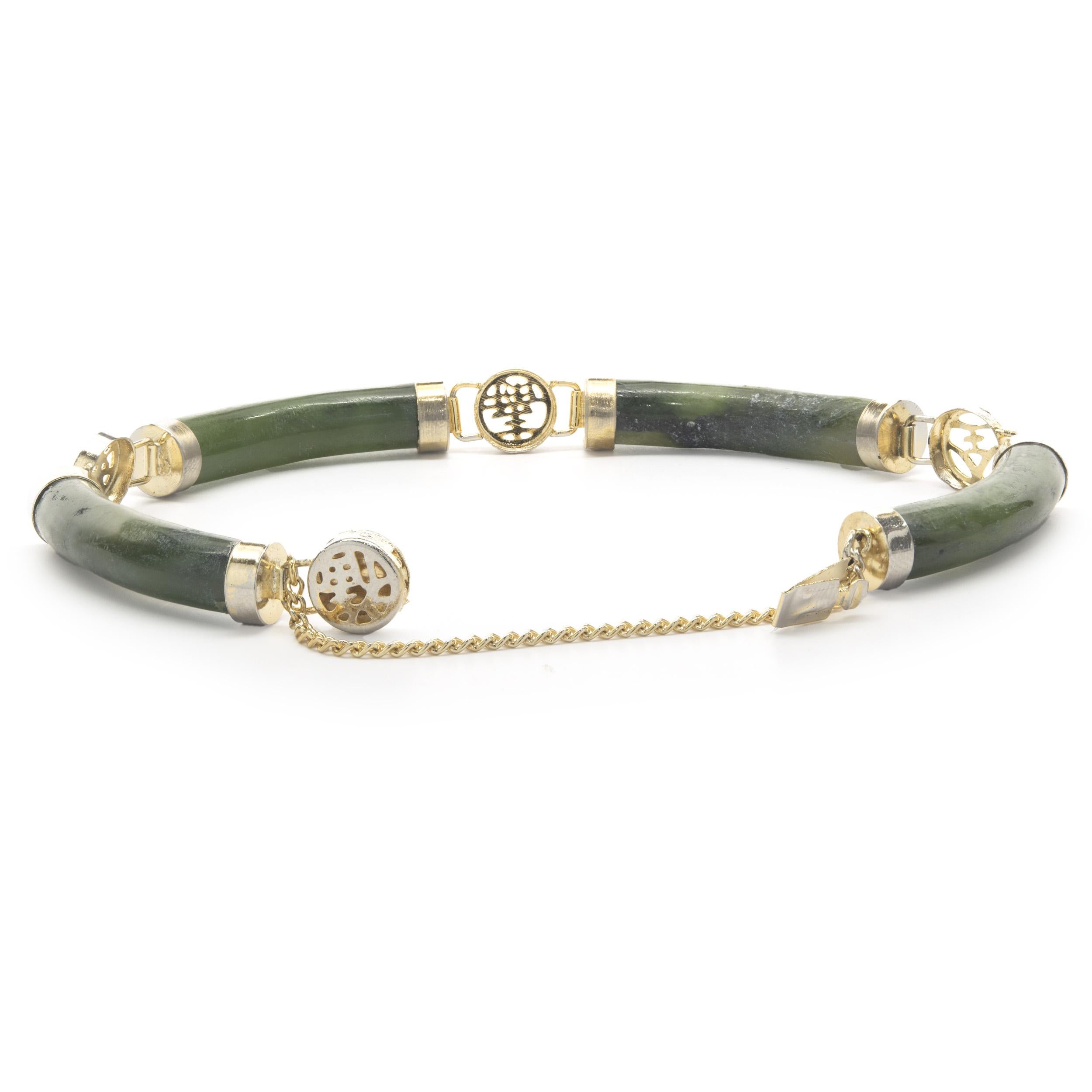 14 Karat Yellow Gold Jade Station Bracelet with Asian Symbol Stations In Excellent Condition In Scottsdale, AZ