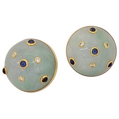 Vintage 14 Karat Yellow Gold Jadeite Button Earring with Sapphires and Diamonds