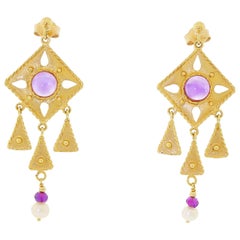 14 Karat Yellow Gold Kite Drop Dangle Earrings Amethyst Cabochon and Pearl