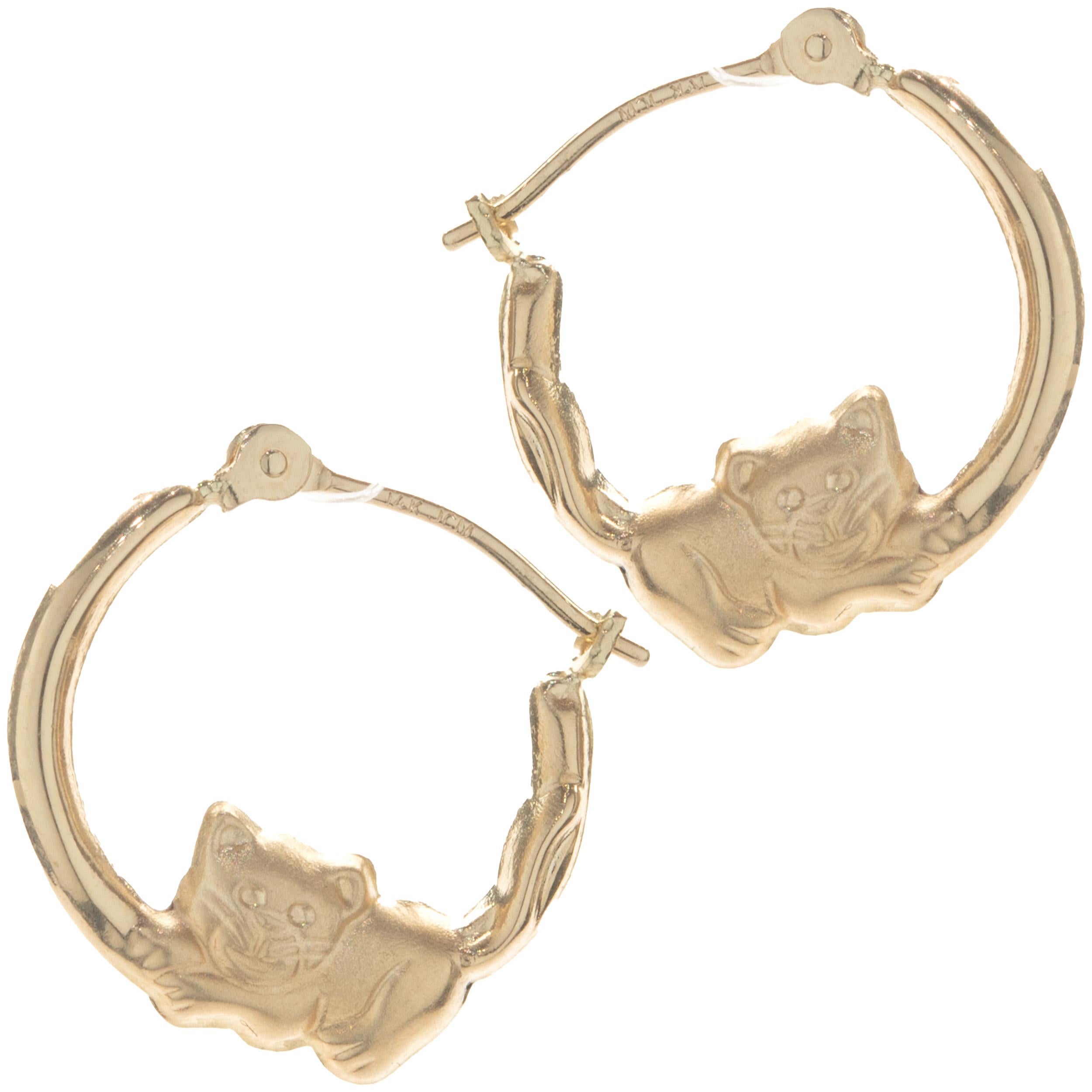 Women's 14 Karat Yellow Gold Kitten Hoop Earrings For Sale
