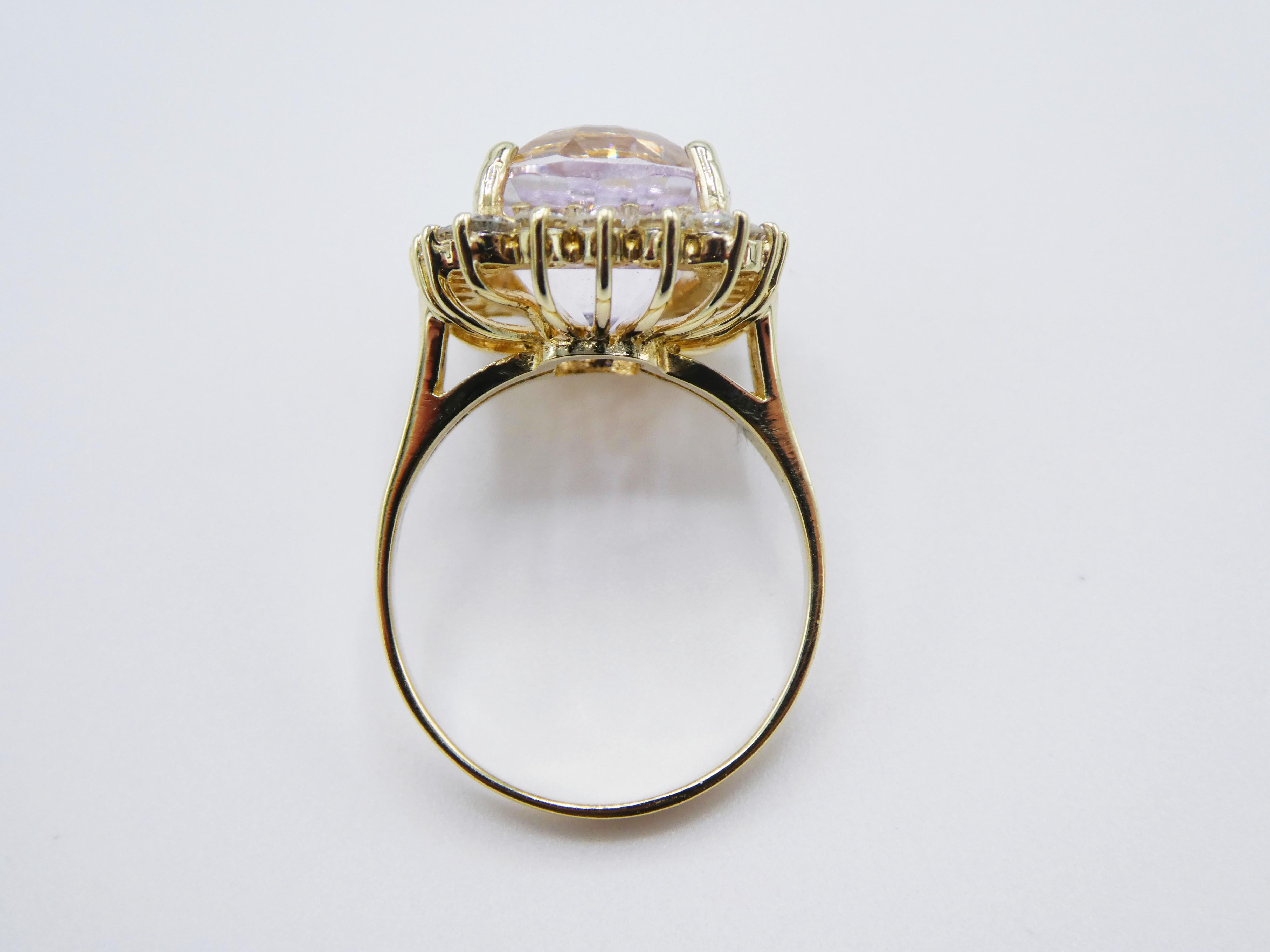 14 Karat Yellow Gold Kunzite and Diamond Halo Cocktail Ring In Excellent Condition In  Baltimore, MD