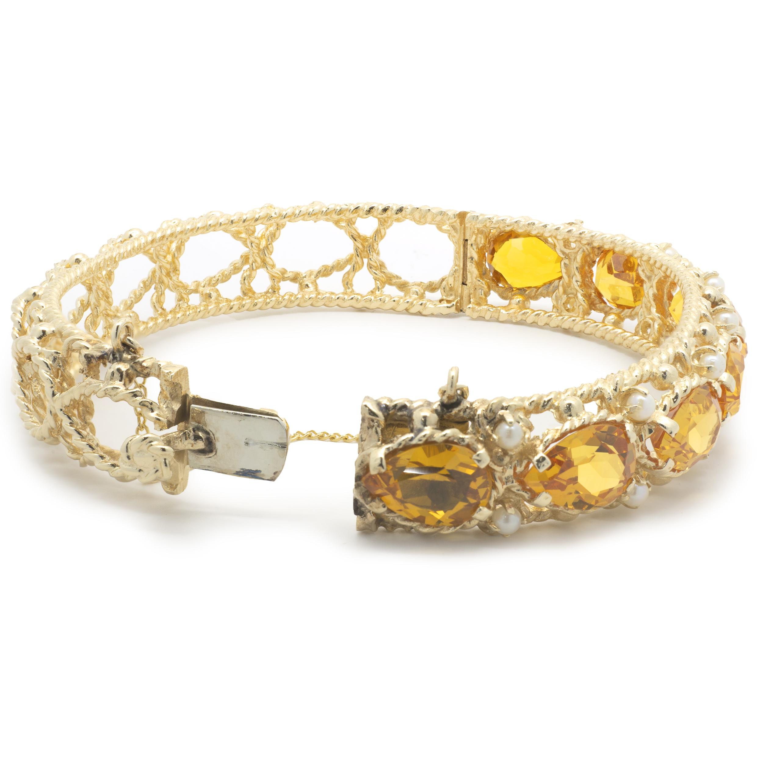 Pear Cut 14 Karat Yellow Gold Lab Created Orange Sapphire and Seed Pearl Bangle Bracelet For Sale