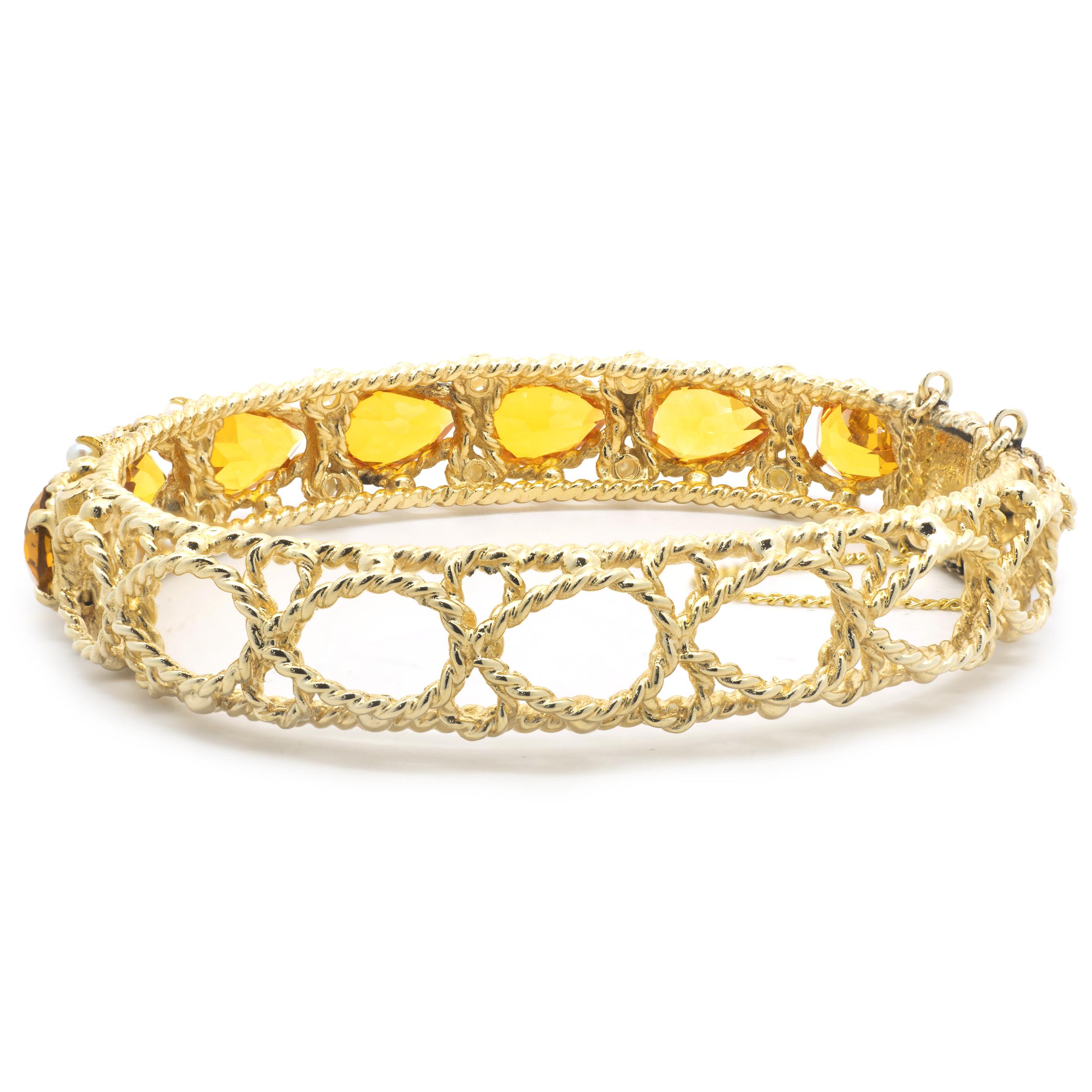 Bracelet jonc en or jaune 14 carats avec saphir orange et perles de rocaille créées en laboratoire Bon état - En vente à Scottsdale, AZ
