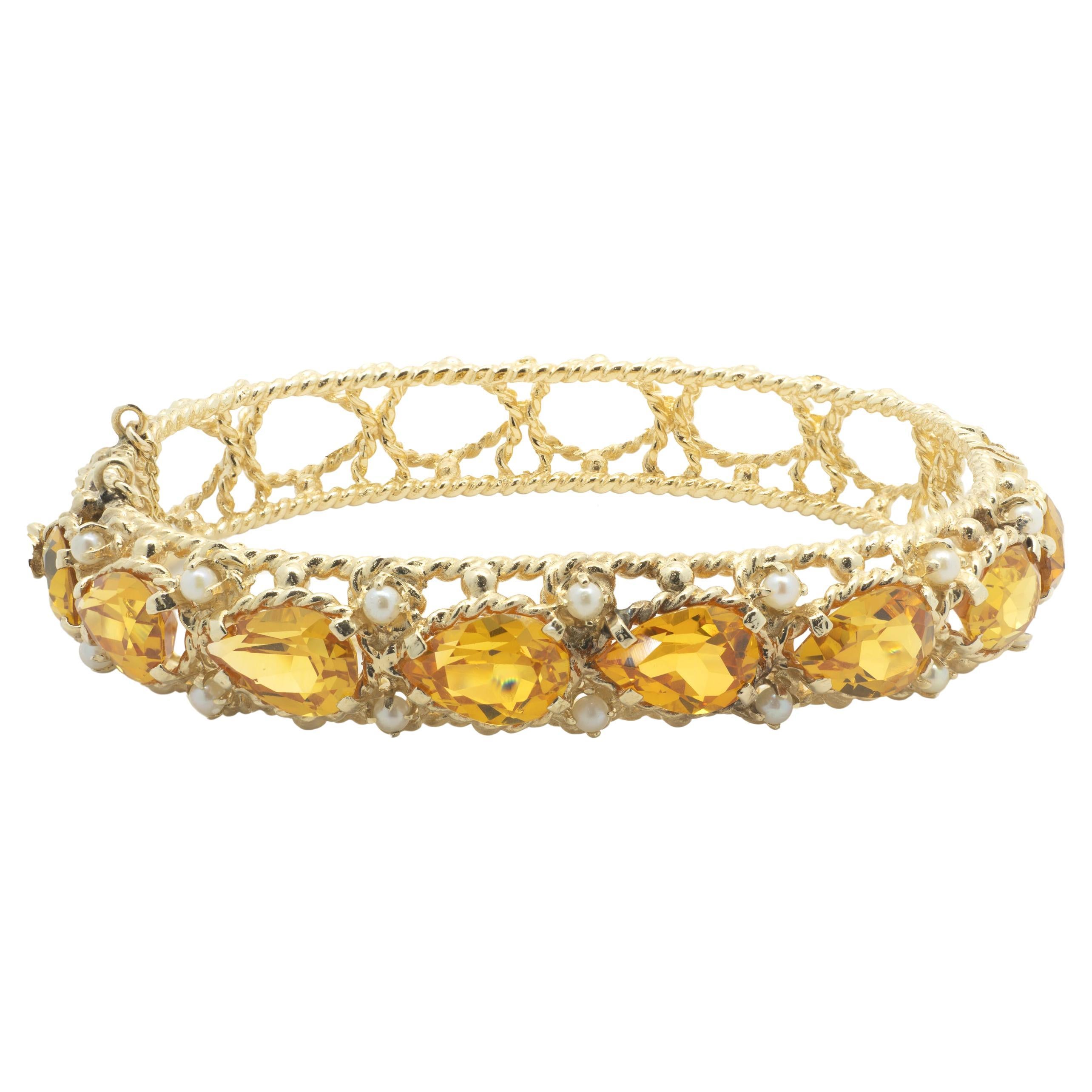 14 Karat Yellow Gold Lab Created Orange Sapphire and Seed Pearl Bangle Bracelet For Sale
