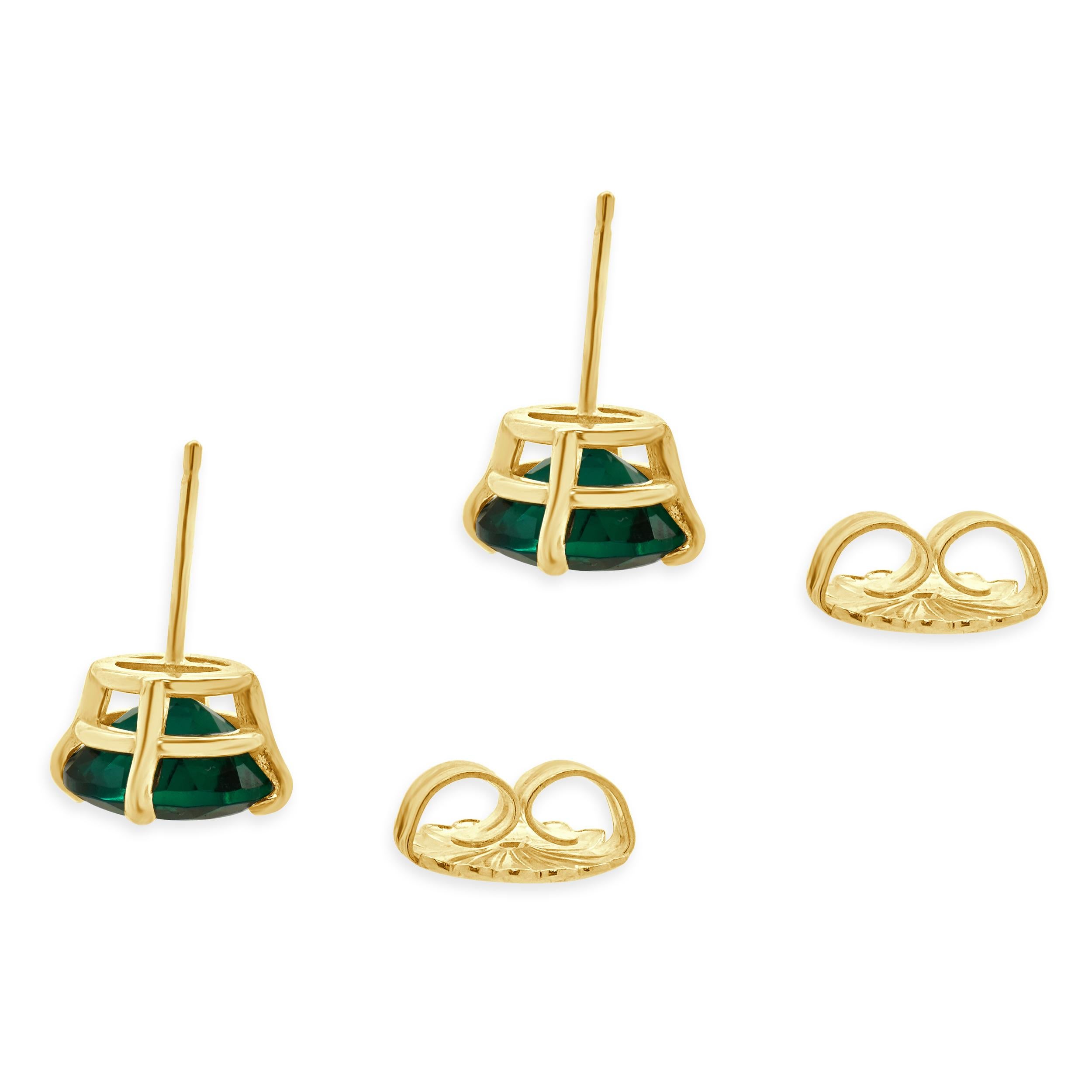Women's 14 Karat Yellow Gold Lab Grown Emerald Stud Earrings For Sale