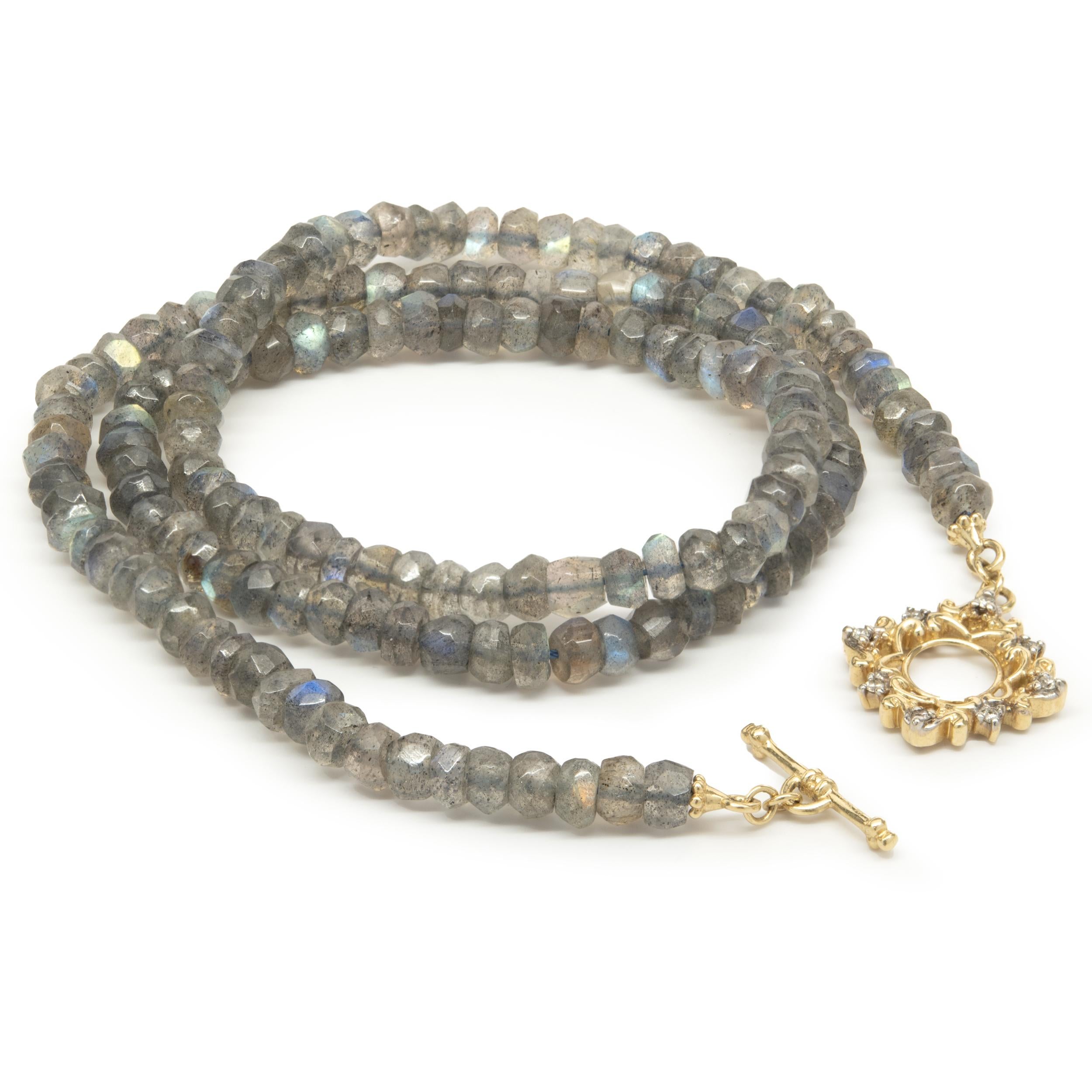 Rough Cut 14 Karat Yellow Gold Labradorite Beaded Necklace For Sale