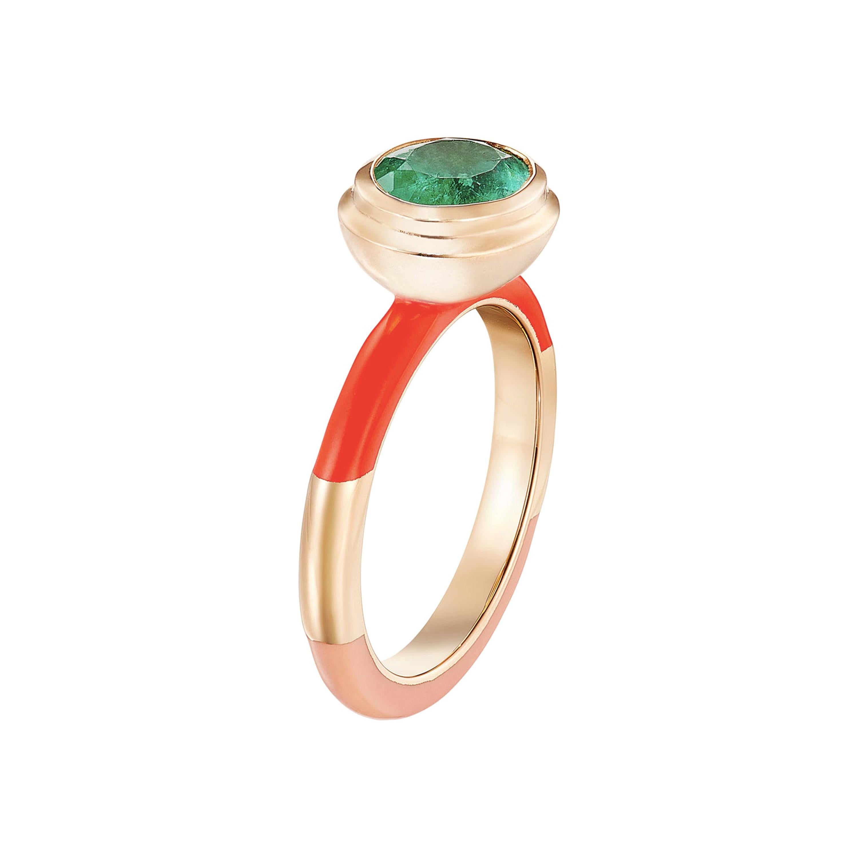 14 Karat Yellow Gold, Lacquer Enamel, Emerald Candy Lacquer Emerald Ring For Sale
