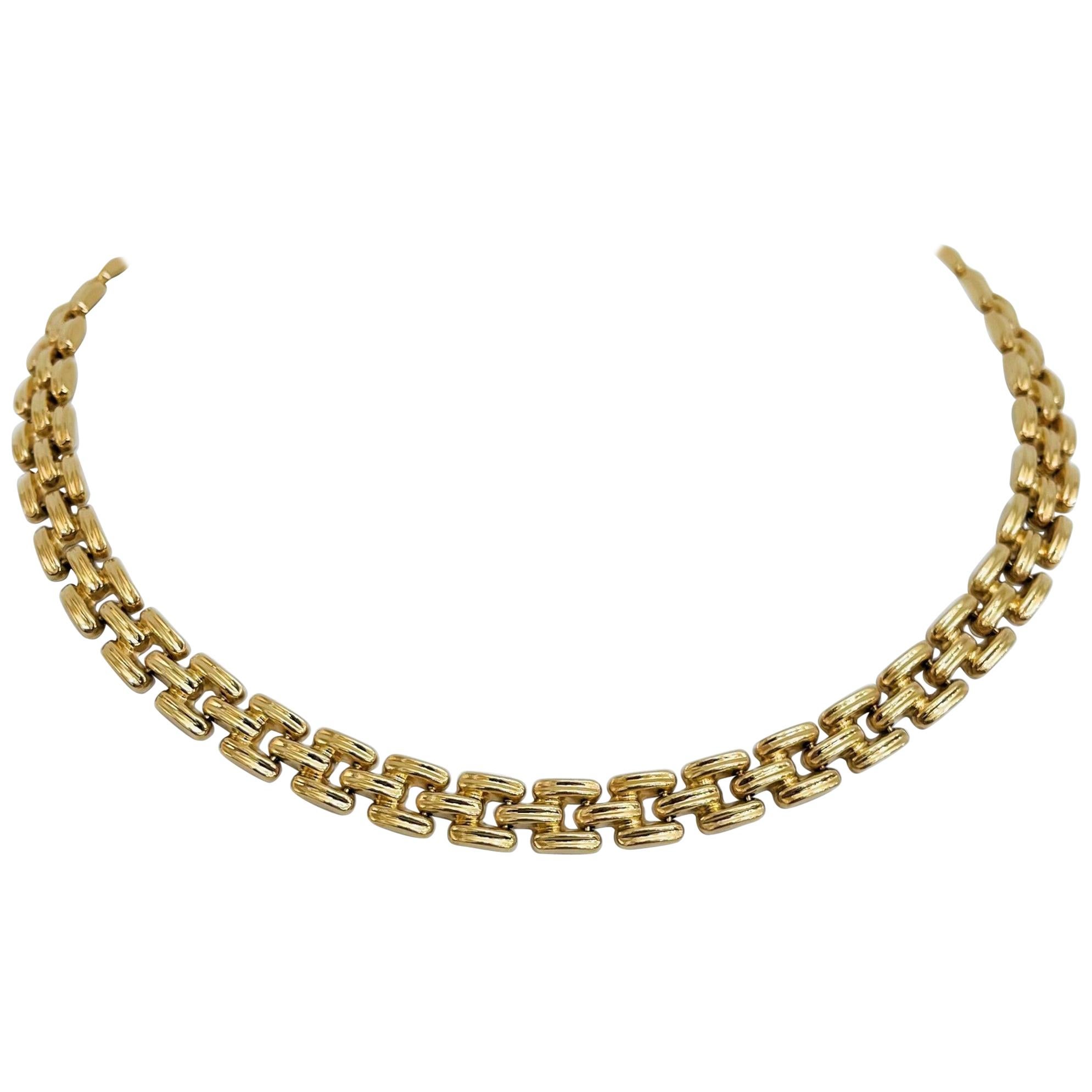 14 Karat Yellow Gold Ladies Fancy Ribbed Panther Link Necklace, Italy