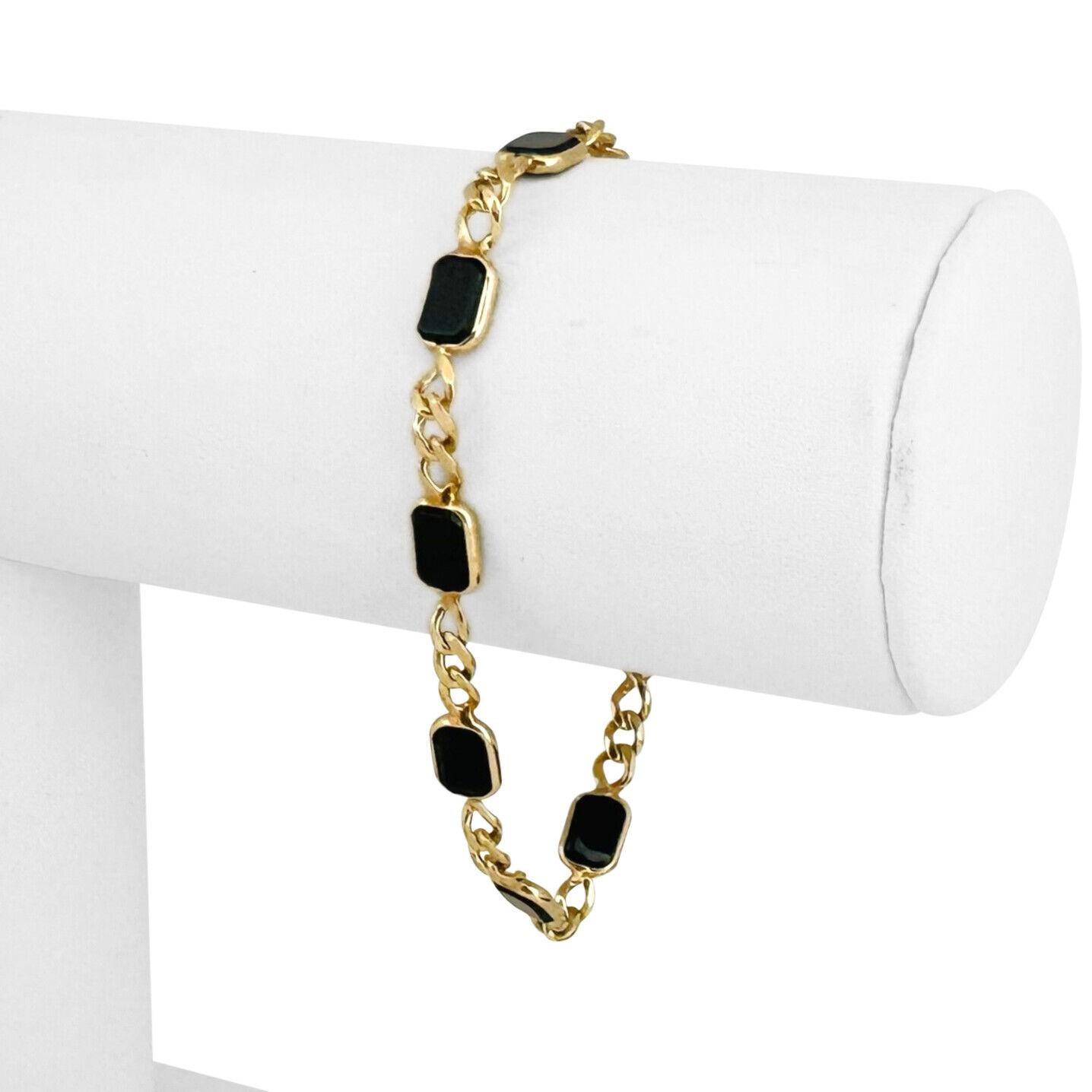 14 Karat Yellow Gold Ladies Onyx Station Curb Link Bracelet  4