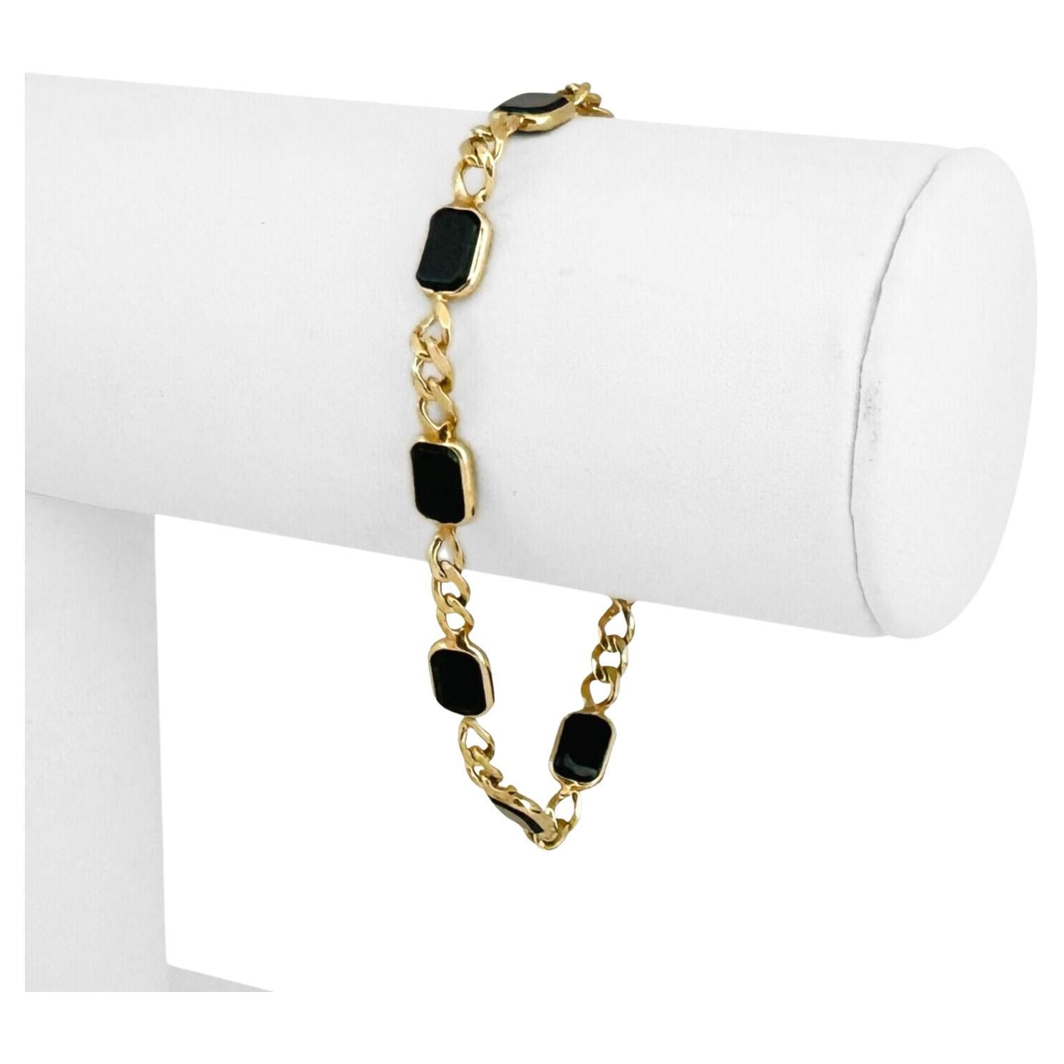 14 Karat Yellow Gold Ladies Onyx Station Curb Link Bracelet 