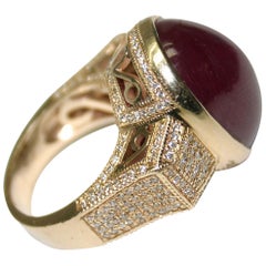 bague en or jaune 14 carats pour femme - Rubis cabochon ovale et diamant