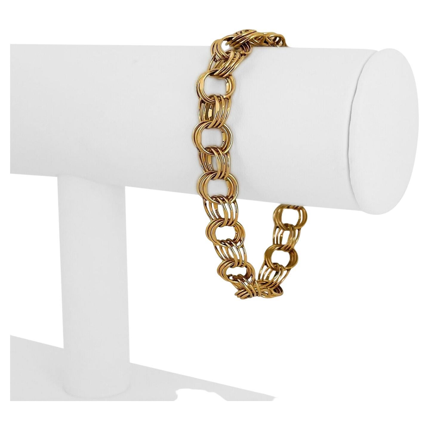 14 Karat Wide Triple Link Charm Bracelet For Sale at 1stDibs