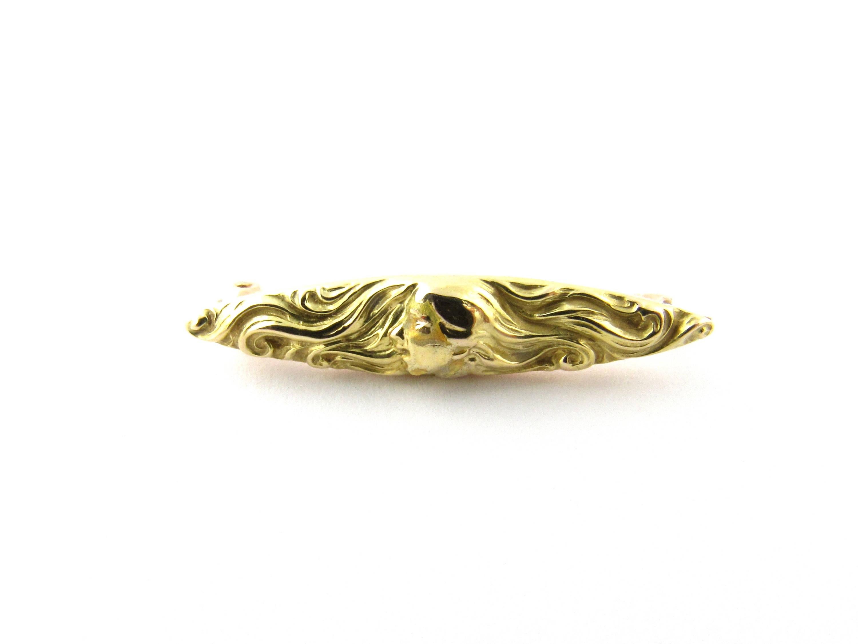 Vintage 14 Karat Yellow Gold Lady Luck Brooch/Pin- 
This lovely brooch features a beautiful depiction of the captivating Lady Luck in 14K yellow gold. 
Size:  27 mm x  6 mm 
Weight: 0.7 dwt. /  1.2 gr. 
Hallmark: 14K 
Very good condition,