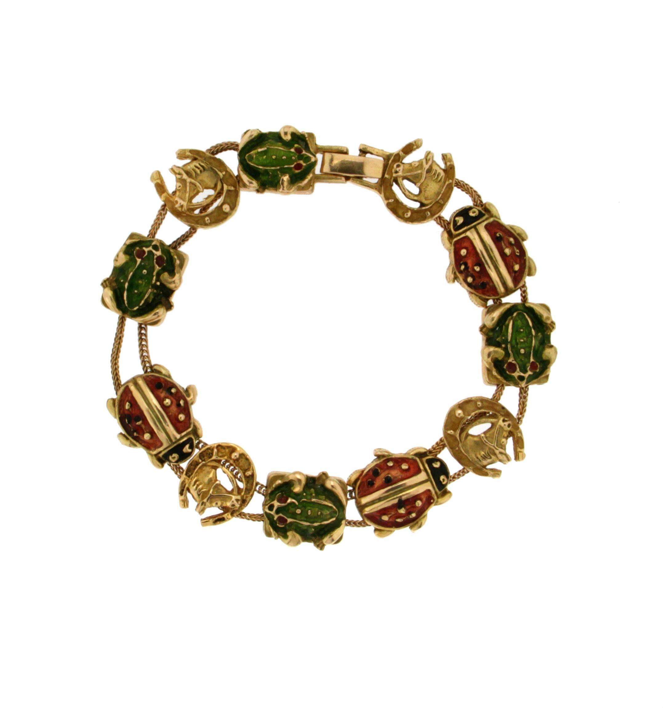 14 karat Yellow Gold Ladybugs and Frogs Bracelet In New Condition In Marcianise, IT