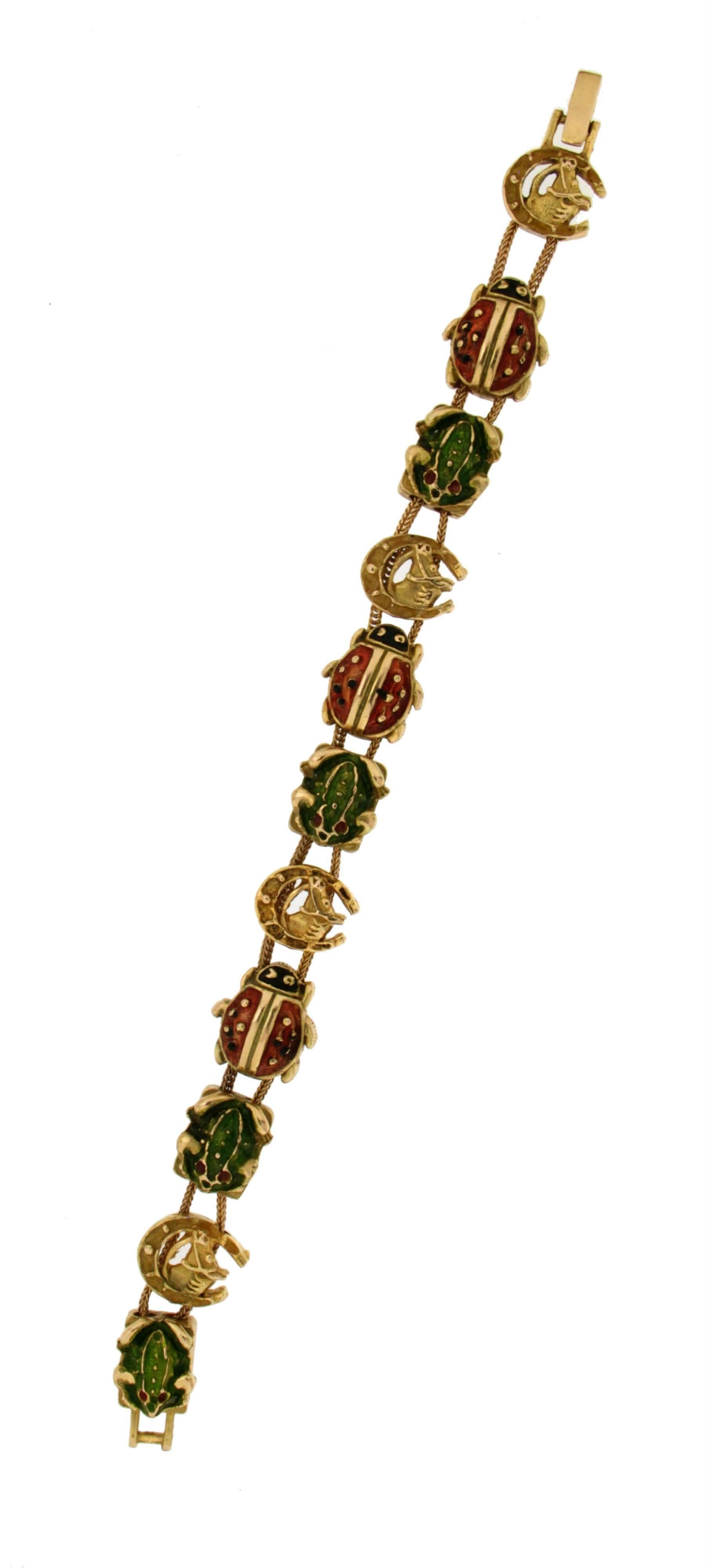Women's or Men's 14 karat Yellow Gold Ladybugs and Frogs Bracelet