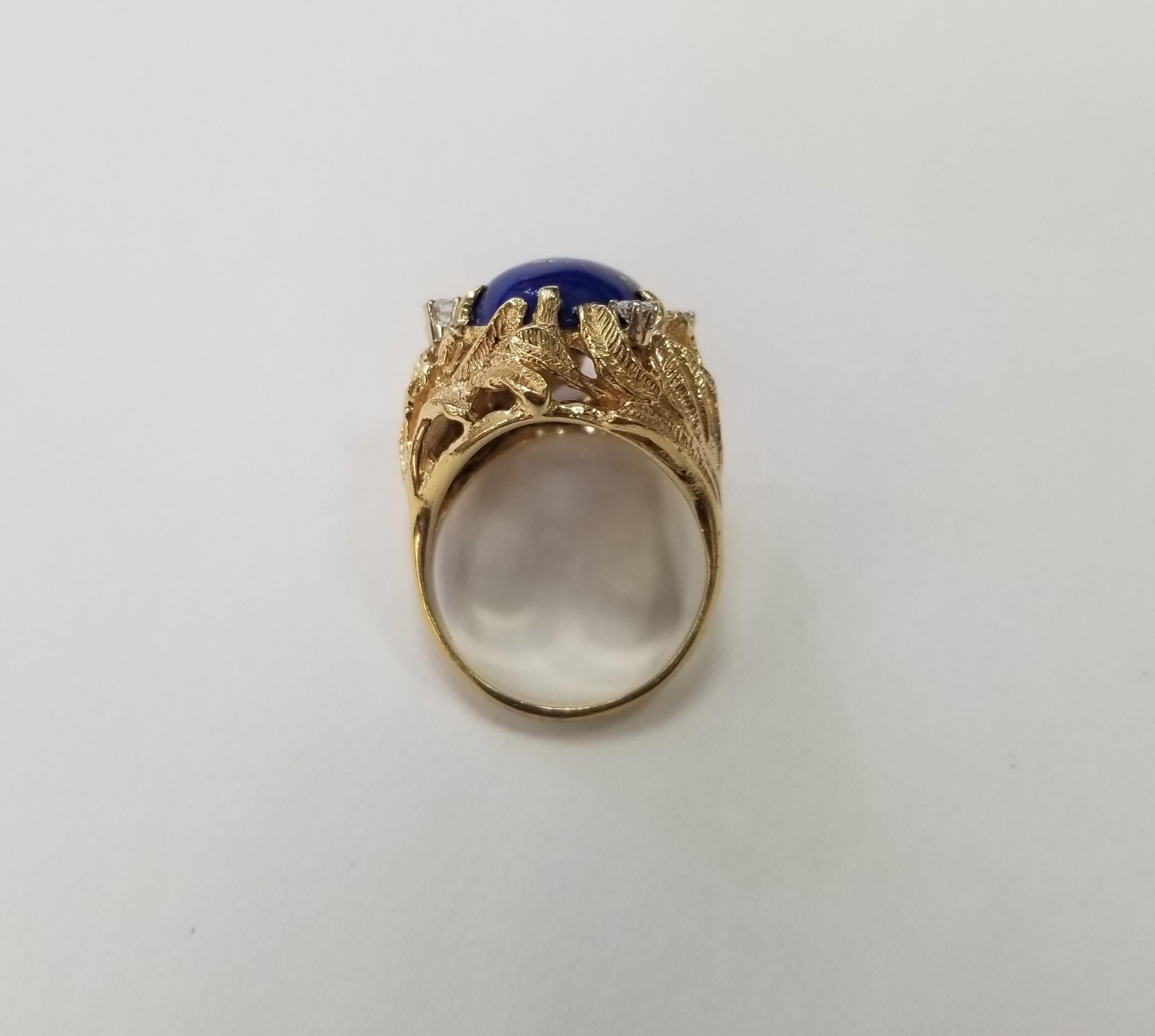 Cabochon 14 Karat Yellow Gold Lapis and Diamond Cocktail Ring For Sale