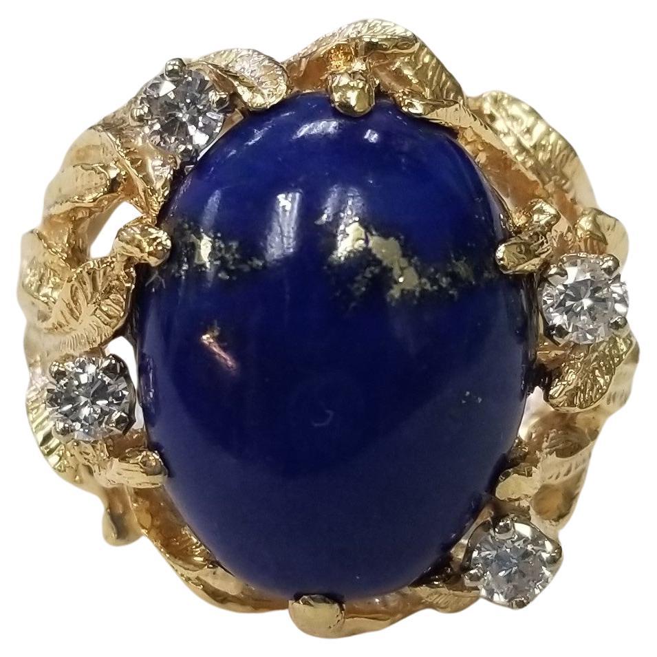 14 Karat Yellow Gold Lapis and Diamond Cocktail Ring For Sale