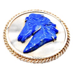 14 Karat Yellow Gold Lapis Carved Horse Head Pin