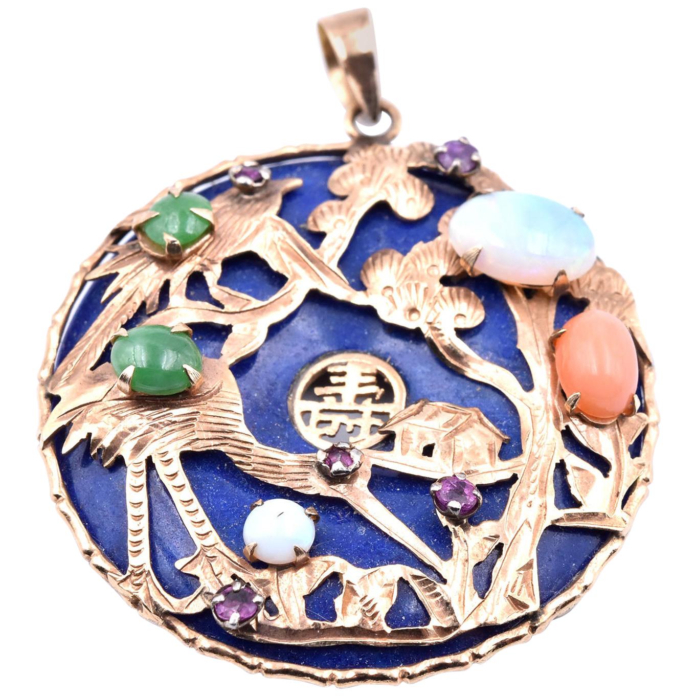 14 Karat Yellow Gold Lapis, Jade, Opal, and Ruby Asian Style Pendant For Sale