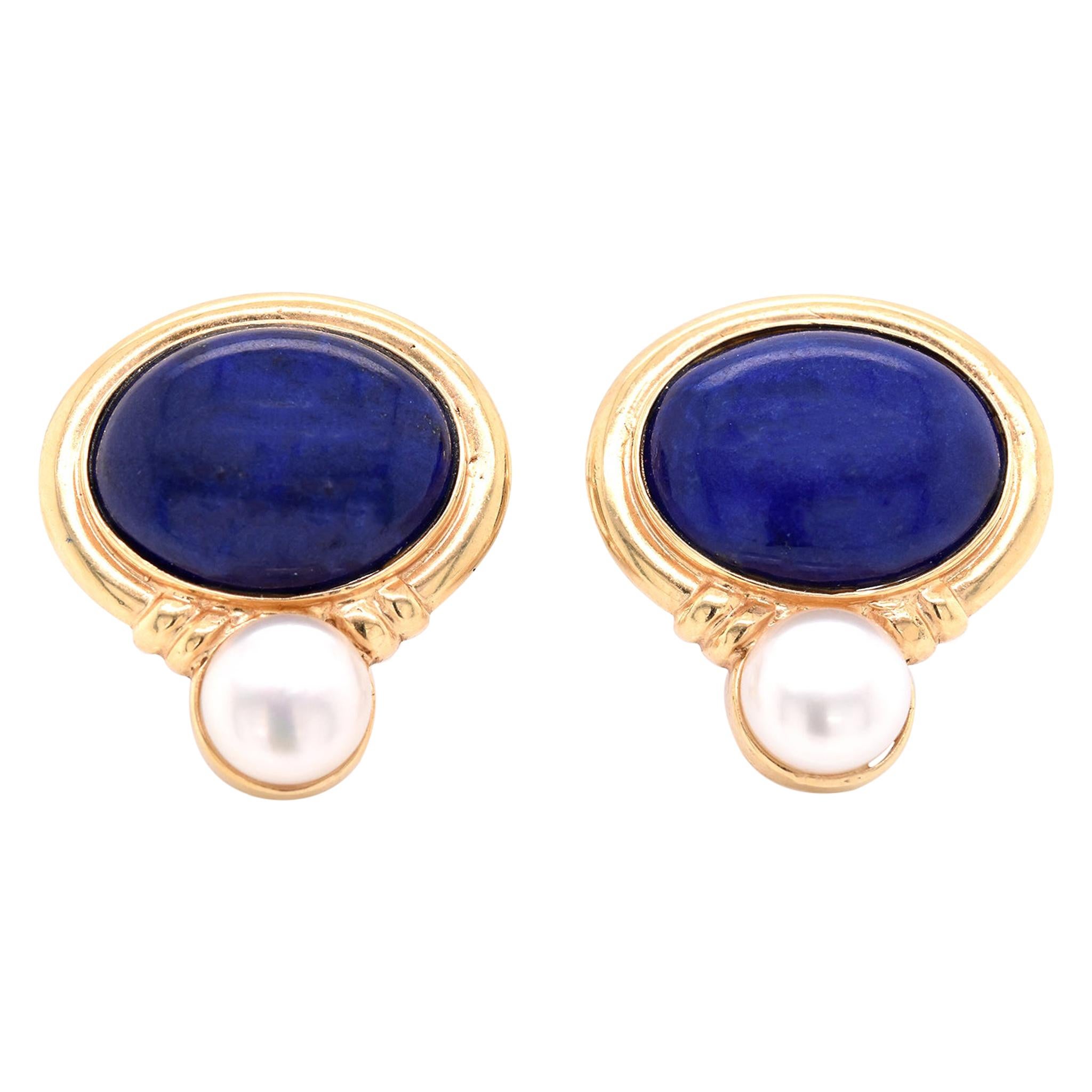 14 Karat Yellow Gold Lapis Lazuli and Pearl Earrings For Sale