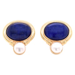 14 Karat Yellow Gold Lapis Lazuli and Pearl Earrings