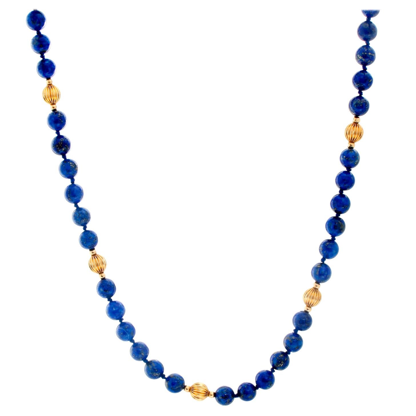 14 Karat Yellow Gold Lapis Lazuli Beaded Necklace