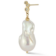 14 Karat Yellow Gold Large Baroque Pearl Drop Earrings Salt and Pepper Diamonds