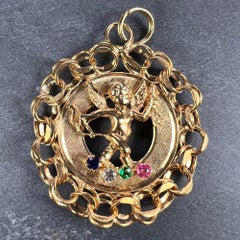 Large Vintage Cupid 14 Karat Yellow Gold Gem Set Charm Pendant