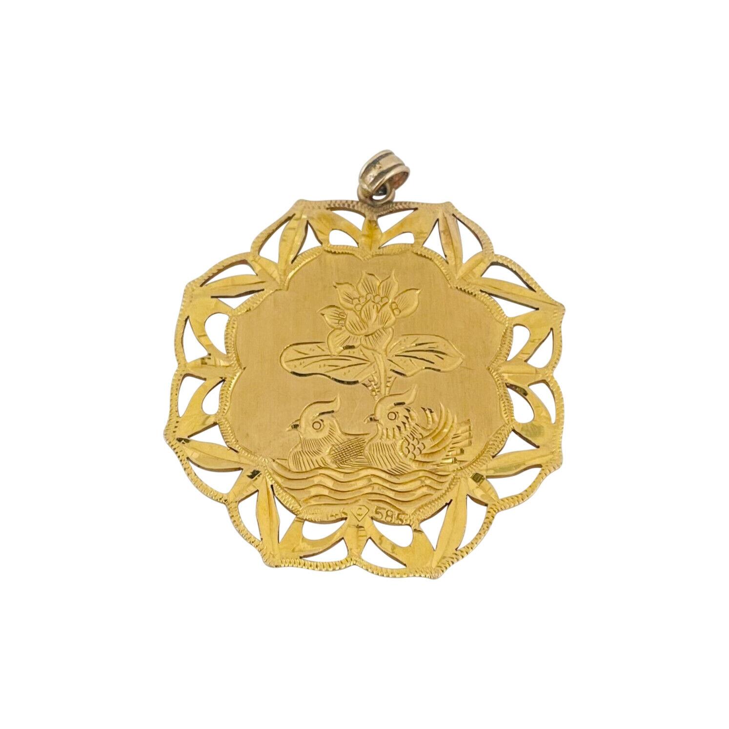Women's or Men's 14 Karat Yellow Gold Large Diamond Cut Asian Floral Pendant