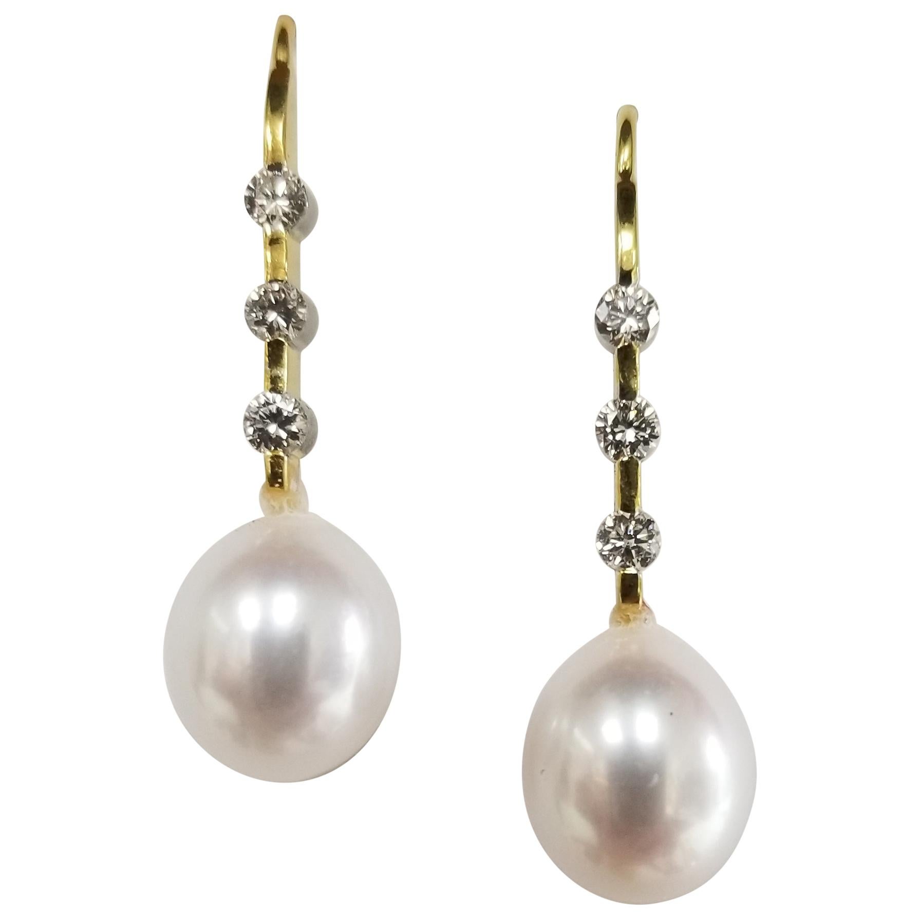 14 Karat Yellow Gold Large Pearl and Diamond Drop Earrings