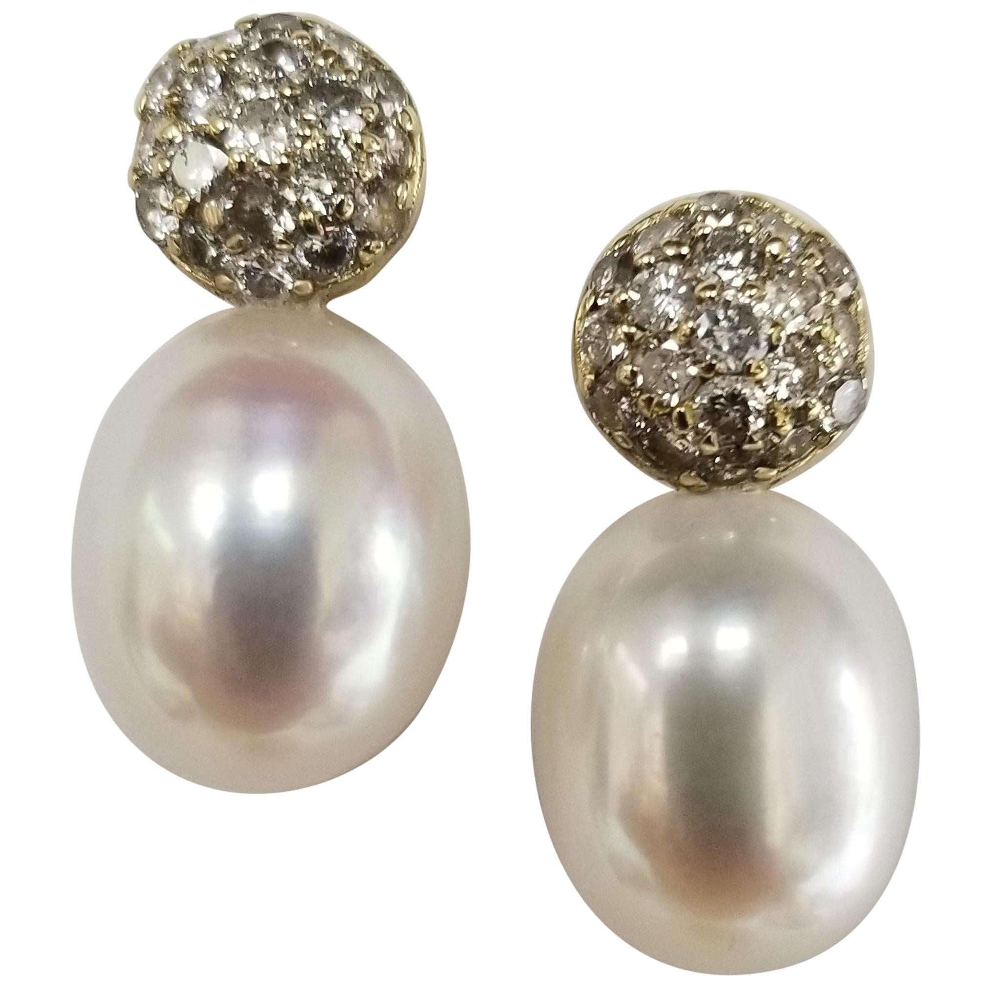 14 Karat Yellow Gold Large Pearl and Diamond Drop Earrings