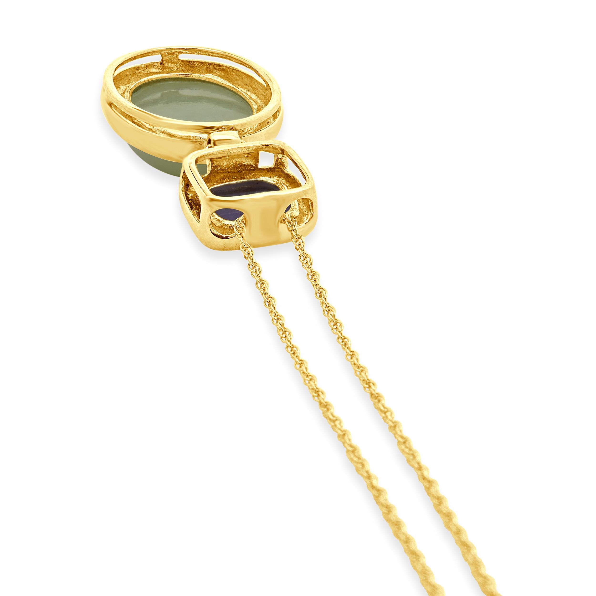 Collana a goccia in oro giallo 14 carati con giadeite verde e lavanda In condizioni ottime in vendita a Scottsdale, AZ