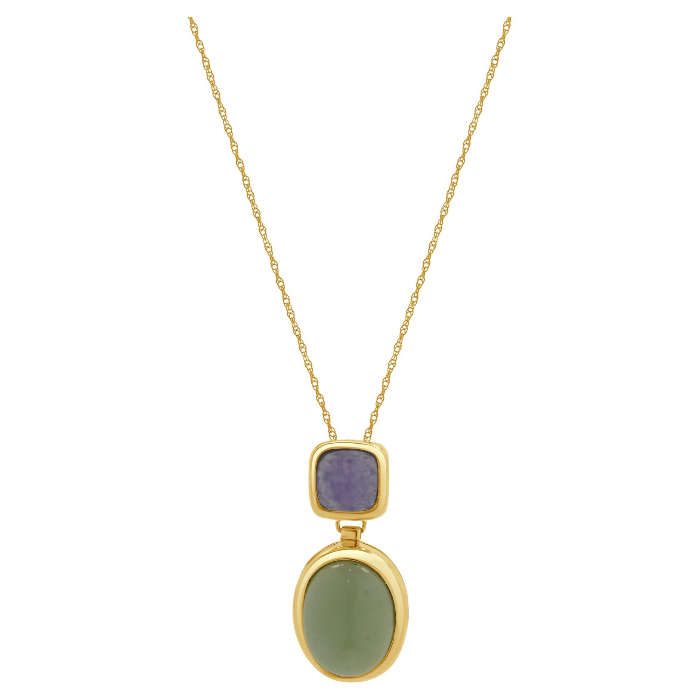 Collier goutte en or jaune 14 carats, lavande et jadéite verte