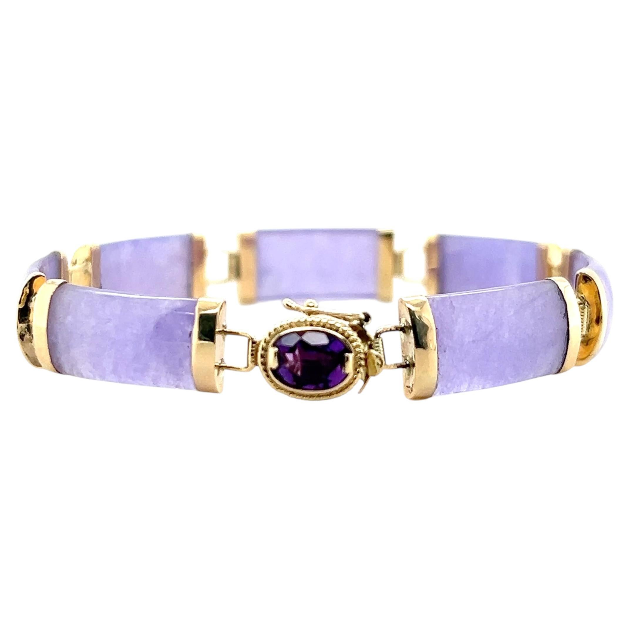 Bracelet en or jaune 14 carats, jadéite et améthyste teintée lavande 1980